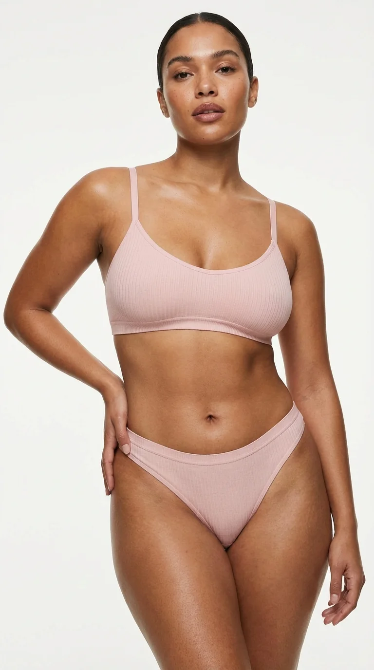 Fitilli (Ribbed) Ribana Tanga Baby Pink - Sporcu Kesim Tasarım Detayı